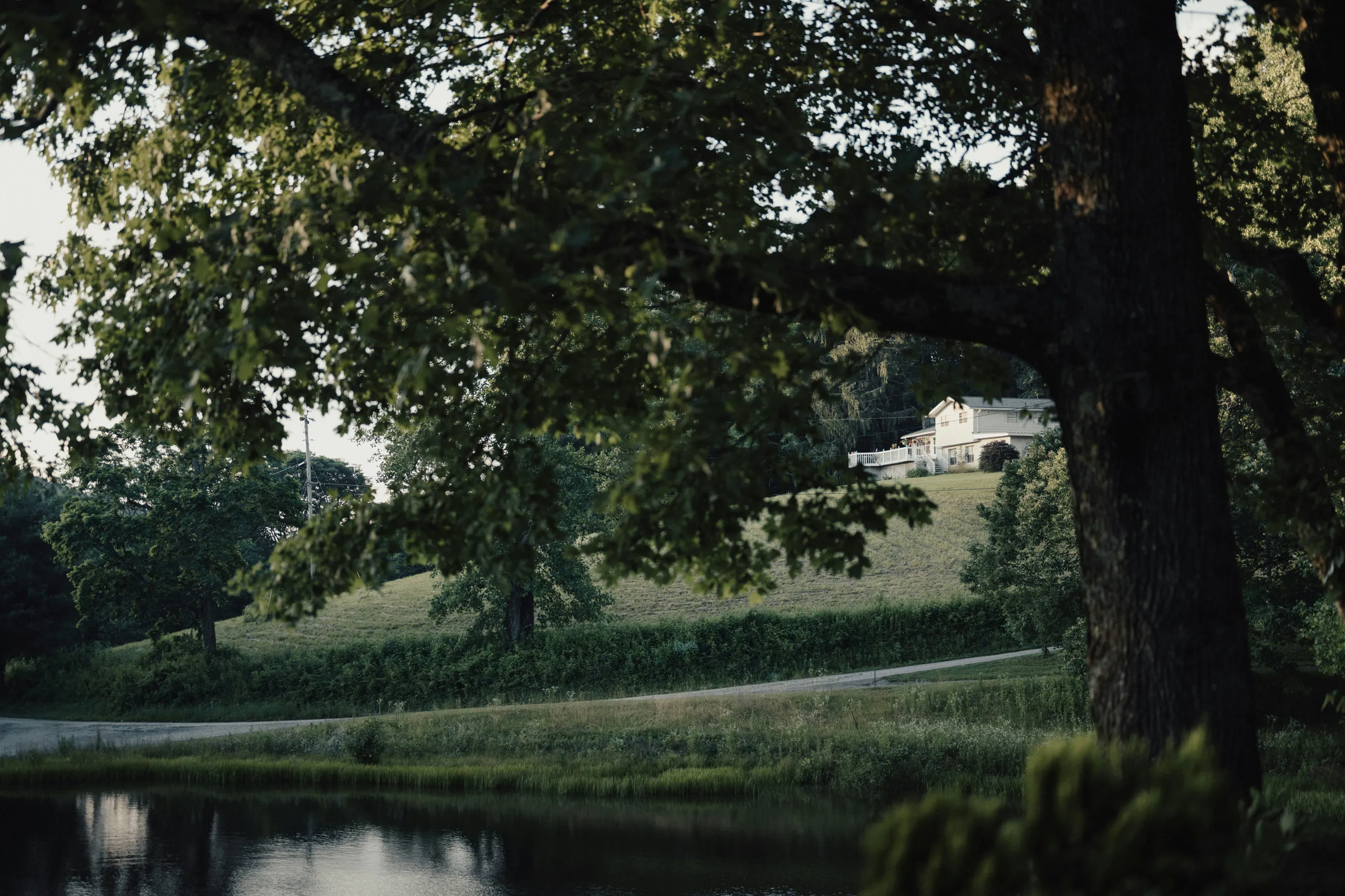 A country home set among mature trees above a quiet pond