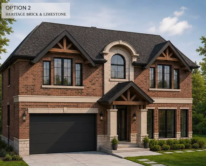 Architectural rendering of a heritage brick-and-limestone two-storey custom home in Brant, Burlington